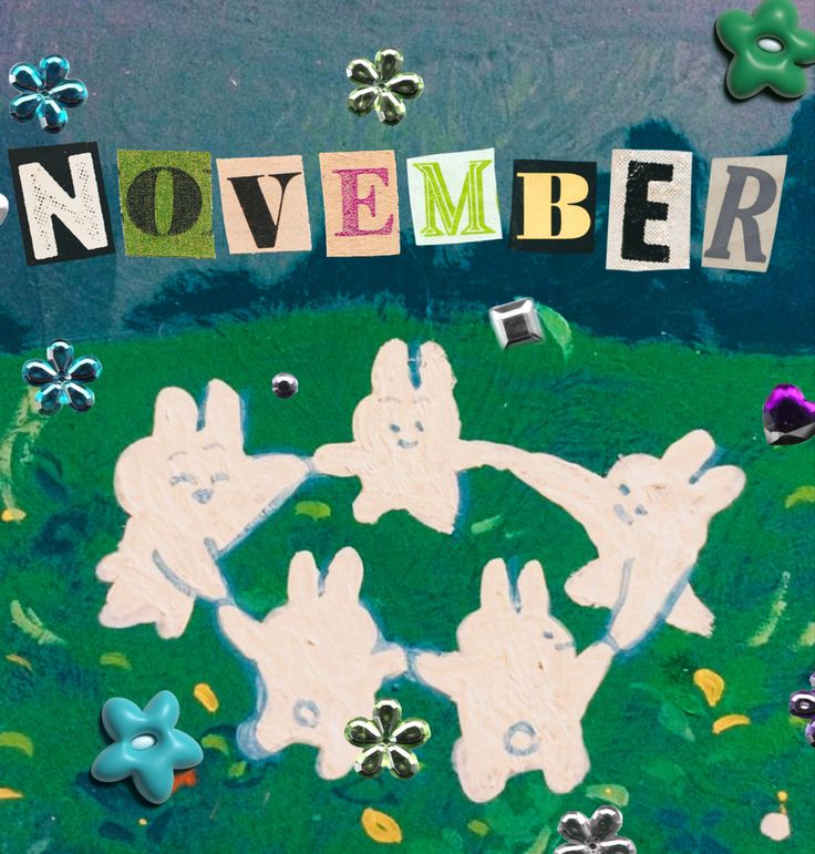 a poster with the words november surrounded by rabbits and clovers on a green field