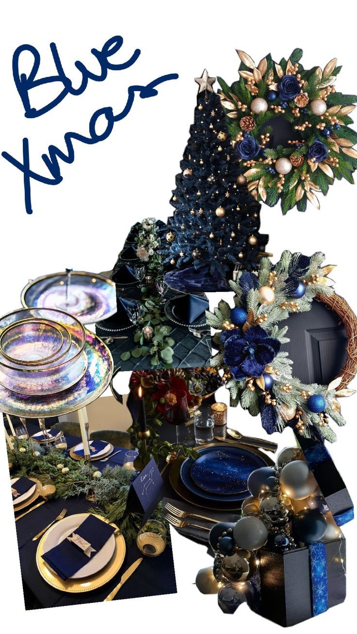 a table topped with lots of blue and gold plates next to a christmas tree covered in decorations