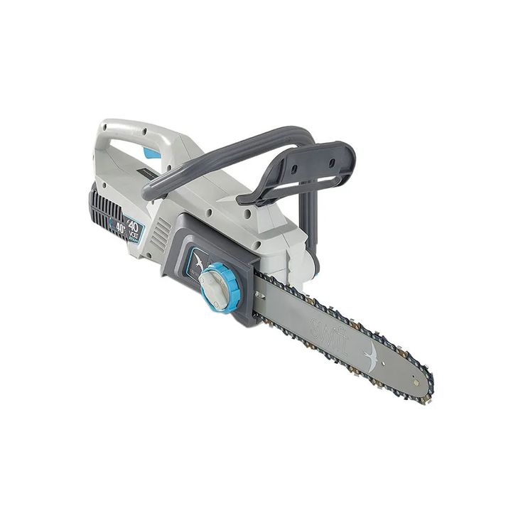 an electric chainsaw is shown on a white background with clippings to the side