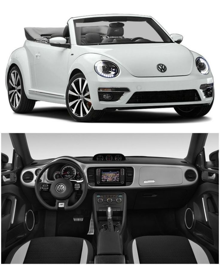 the inside and outside view of a white volkswagen beetle convertible with black leather seats, steering wheel