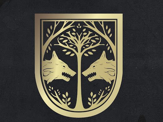 a golden logo with two wolfs in the center and a tree behind it on a black background