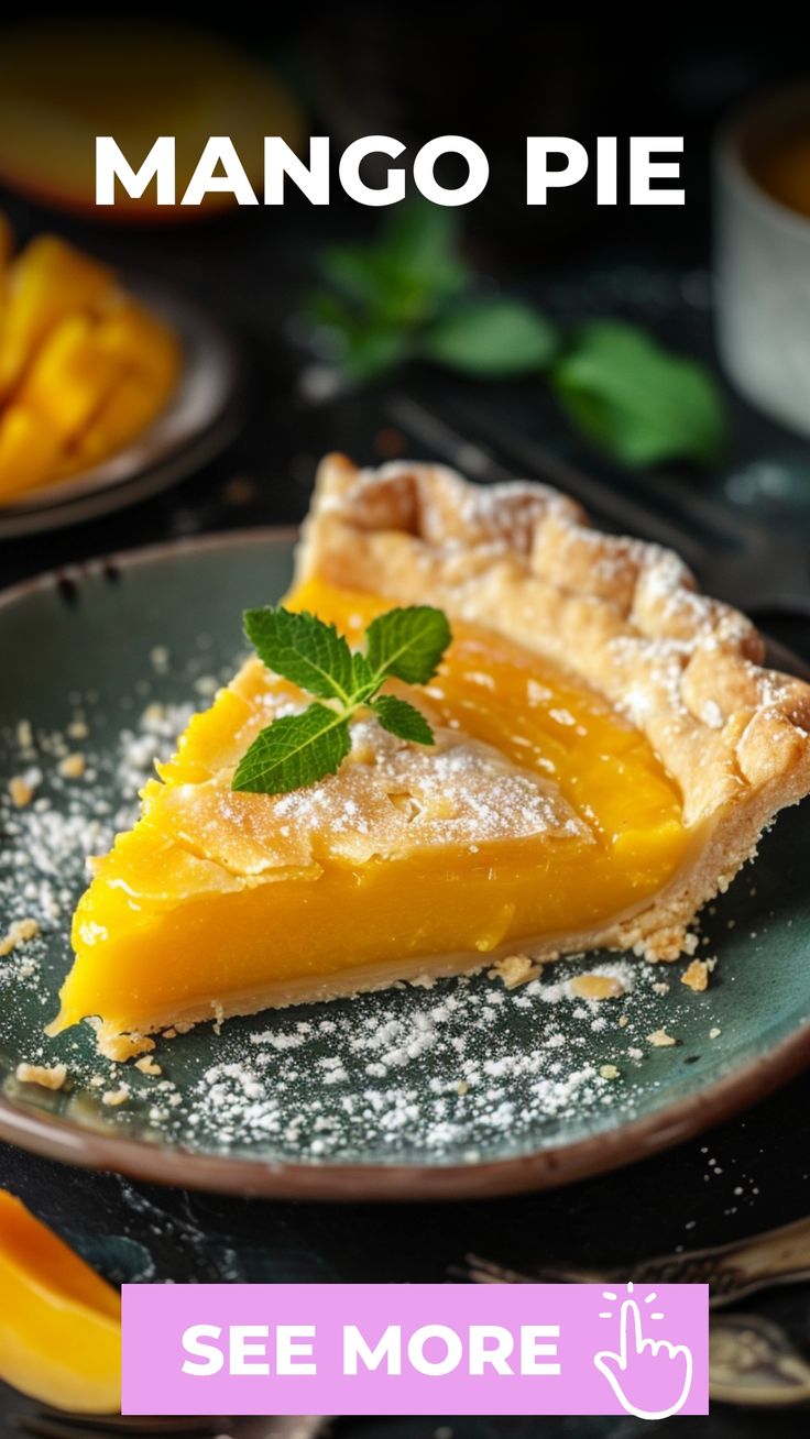 a slice of mango pie on a plate with powdered sugar and fresh mint leaves