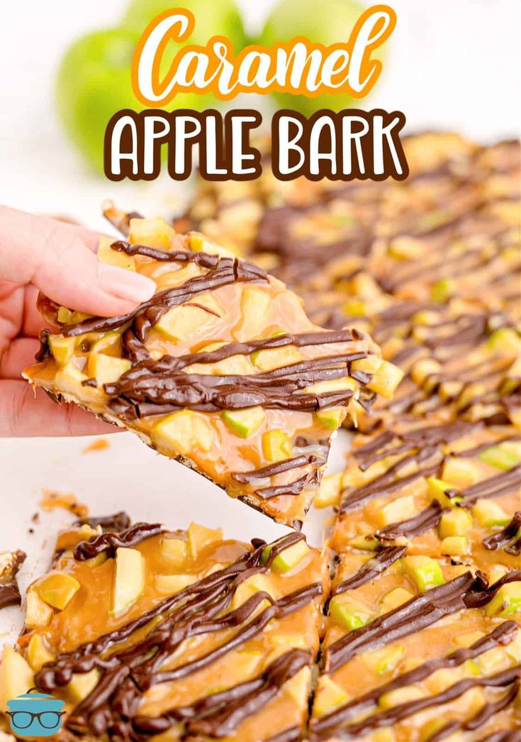 caramel apple bark with chocolate drizzle on top