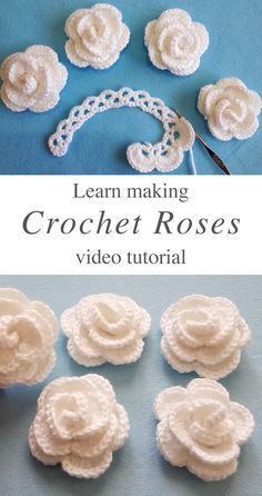 crochet roses are shown with the instructions to make them