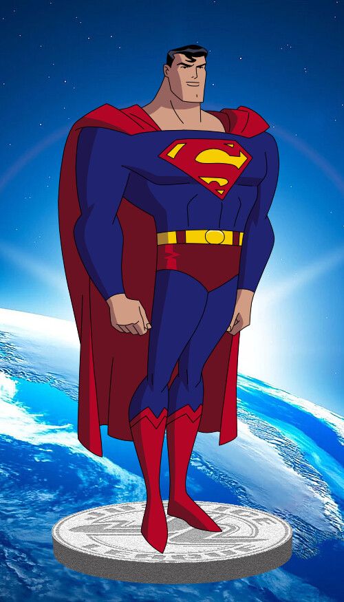 superman standing in front of the earth with his hands on his hips and wearing a red cape