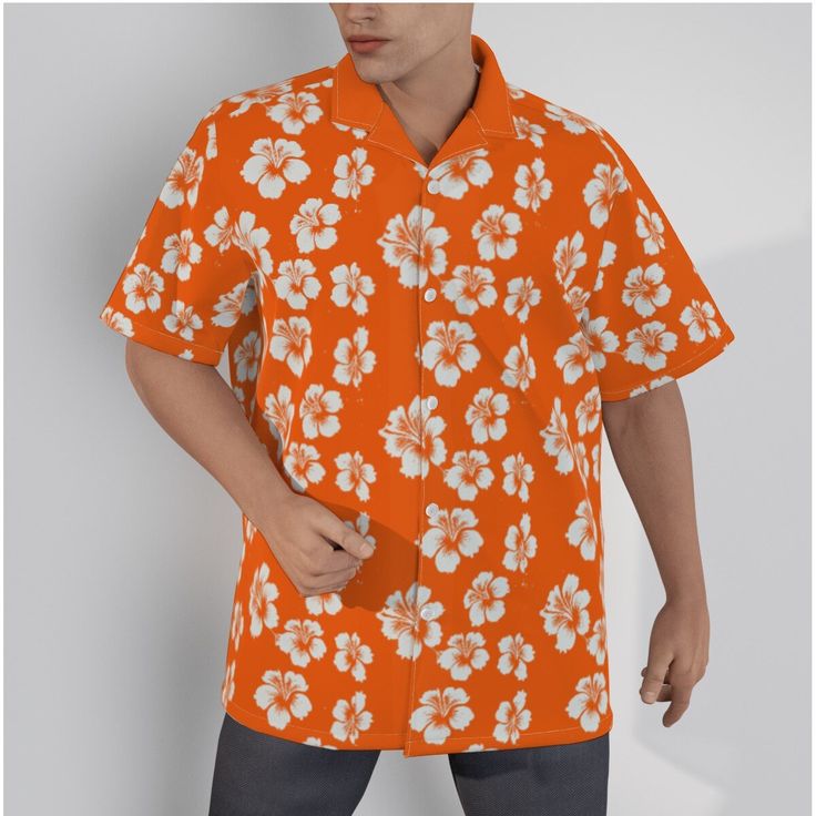 "Add some flair to your wardrobe with this striking bright orange  and white hibiscus flower Hawaiian shirt! This shirt is not only a badass style statement for men of influence, but it's also perfect for a fun date night or a day of boating. Whether you're headed out on the town or just looking to add some tropical vibes to your everyday outfit, this shirt has got you covered. Not only is this shirt eye-catching and unique, but it also embodies the spirit of adventure, fun, and action. The bold Orange Hawaiian Shirt For Summer Vacation, Orange Hawaiian Shirt For Summer, Orange Floral Print Shirt For Vacation, Casual Orange Hawaiian Shirt For Beach, Orange Cotton Hawaiian Shirt For Summer, Orange Cotton Camp Shirt For Summer, Casual Orange Camp Shirt For The Beach, Orange Hawaiian Shirt For Spring Vacation, Orange Printed Hawaiian Shirt For Summer