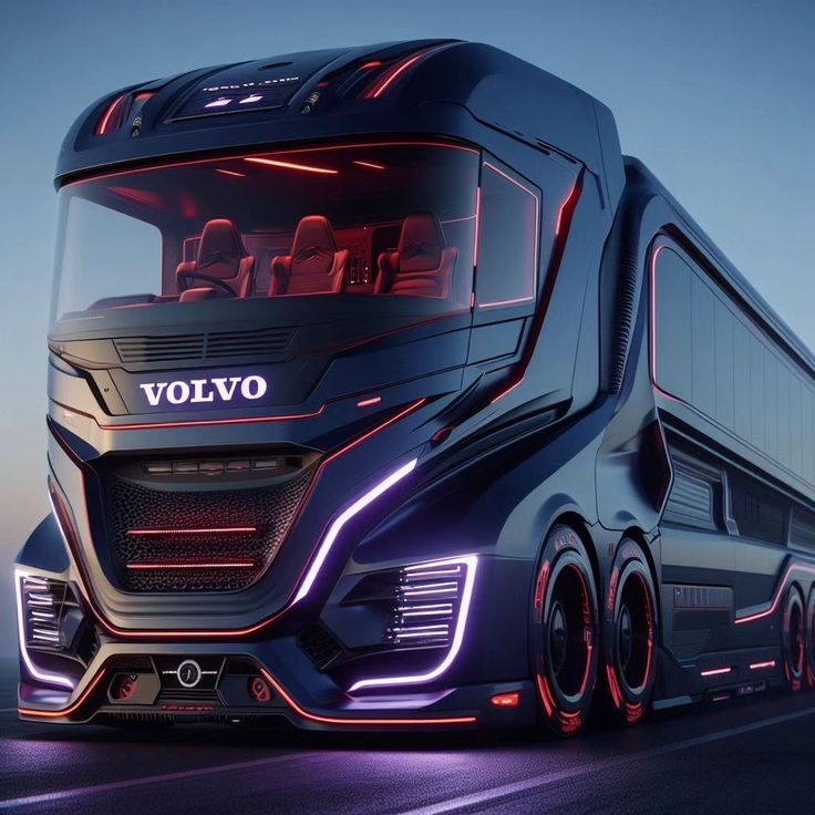 the volvo truck is designed to look like it's going down the road at night