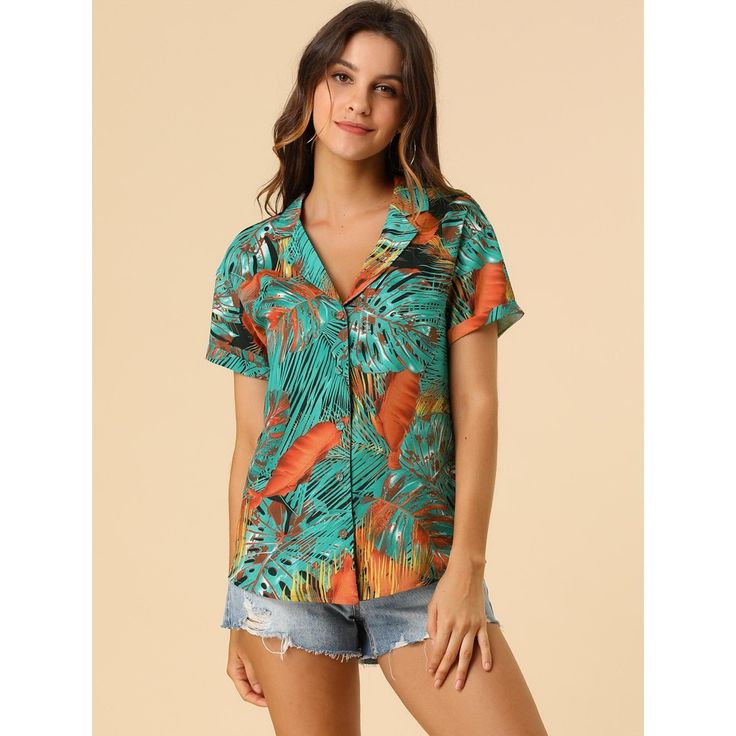 A great shirt to be paired with shorts or jeans. Enjoy the summer with the help of the Hawaiian leaf-printed shirt. Lend a touch of charm to your new season wardrobe with this shirt. Whether on carnivals, festivals, vacations, on the beach, or even at a theme party, you will certainly receive many compliments. Suitable for wearing to the beach. Trendy Green Floral Print Shirt, Summer V-neck Printed Hawaiian Shirt, Trendy Collared Shirt For Beach Season, Palm Tree Print Button-up Beach Tops, Hawaiian Vacation Tops With Button Closure, Summer Camp Shirt With Button Closure For Vacation, Vacation Palm Tree Print Button-up Shirt, Palm Tree Print Button-up Shirt For Vacation, Printed V-neck Hawaiian Shirt For Vacation