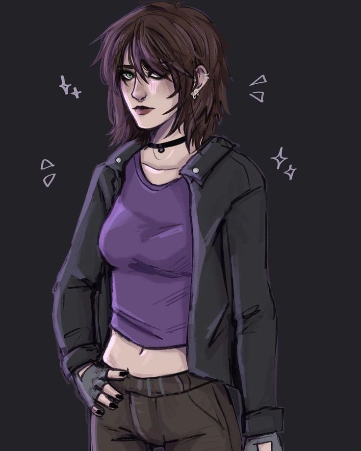 a drawing of a woman in purple shirt and black jacket with her hands on her hips