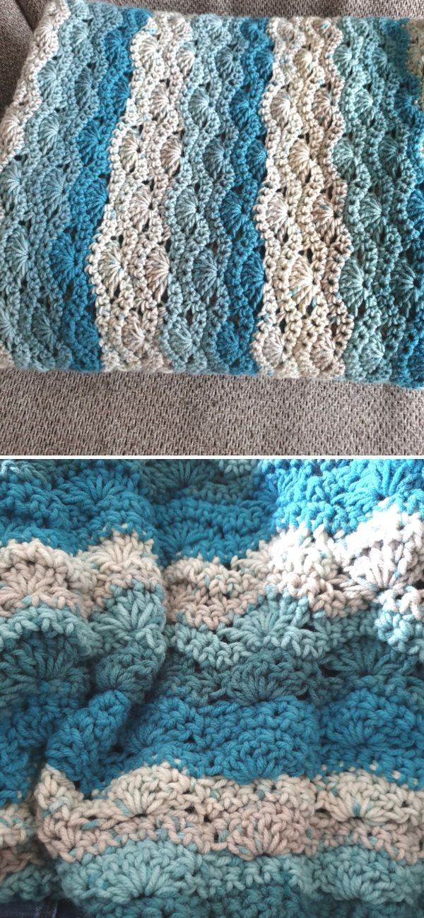 two pictures show the same crocheted blanket