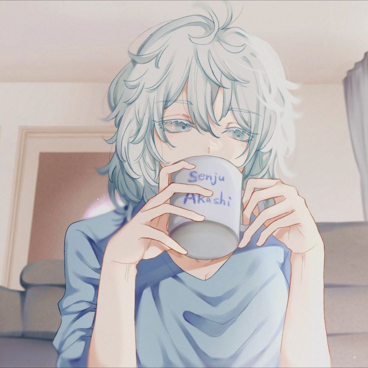 an anime character holding a coffee mug in their hands