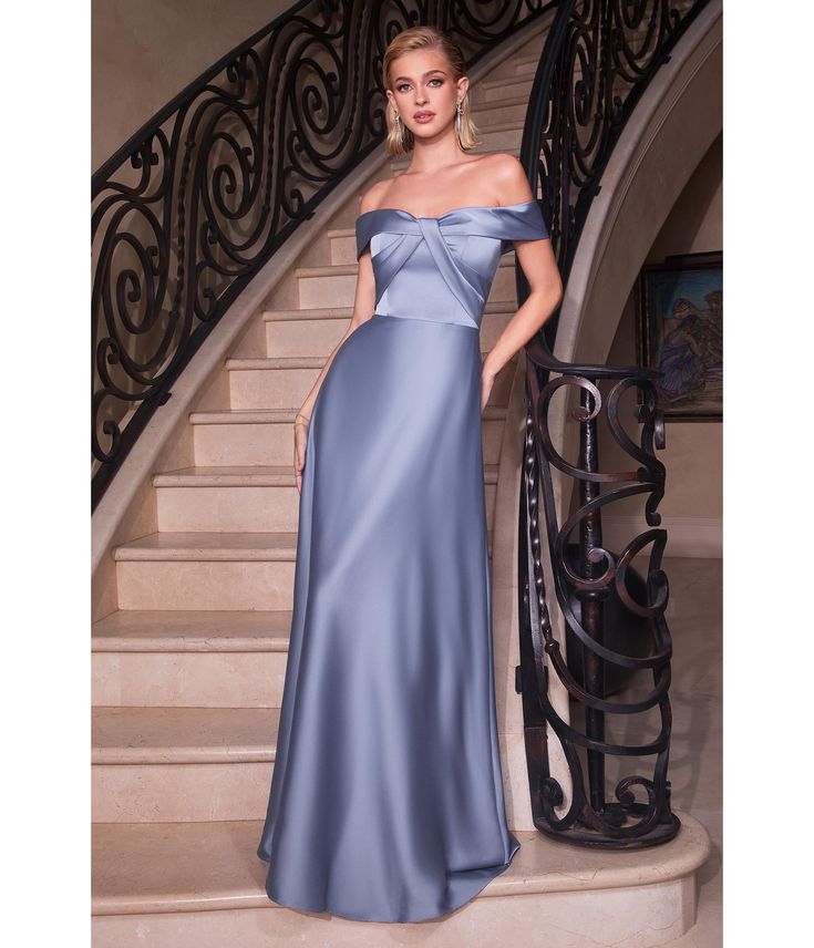 Paris Blue Satin Off The Shoulder Prom Gown - Unique Vintage - Womens, DRESSES, PROM AND SPECIAL OCCASION Formal Dress Guest, Signature Hairstyles, Off Shoulder Formal Dress, Jumpsuit Ideas, Pageant Prep, Front Pieces, Off Shoulder Evening Gown, Mom Dresses, High Pony