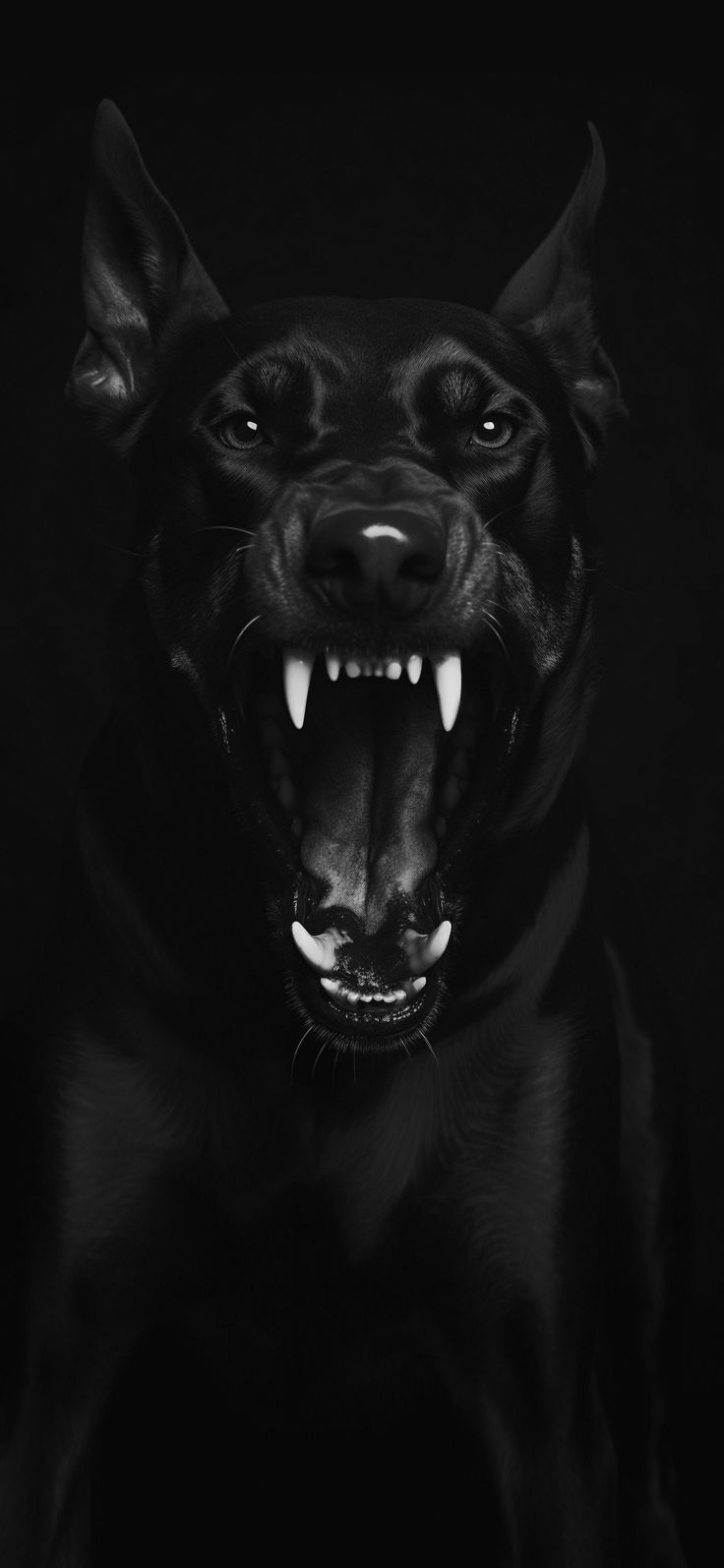 a black and white photo of a dog with it's mouth open showing teeth