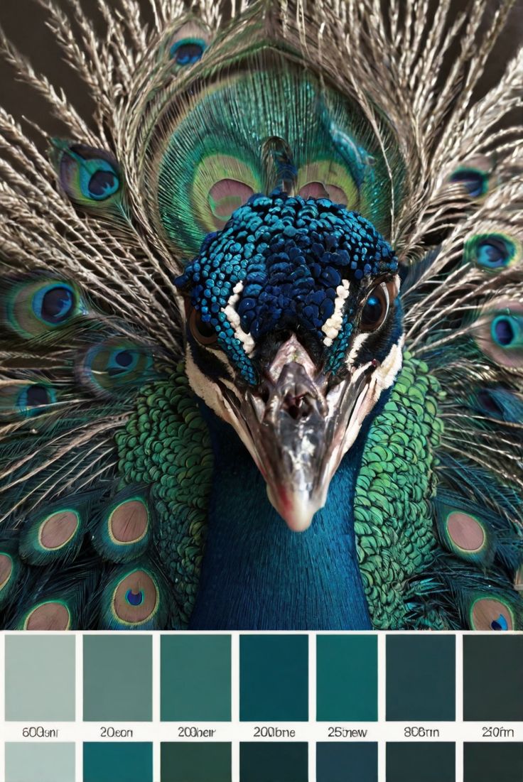 a peacock with its feathers spread out and it's colors are blue, green, gray