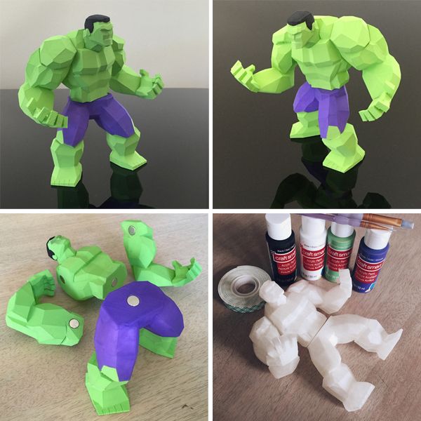 four different images of the same papercrafting thing, including an origami hulk