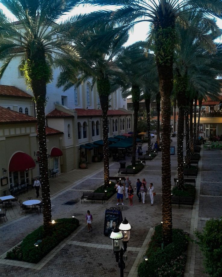 palm trees line the street in front of buildings and people walking down the sidewalk at dusk