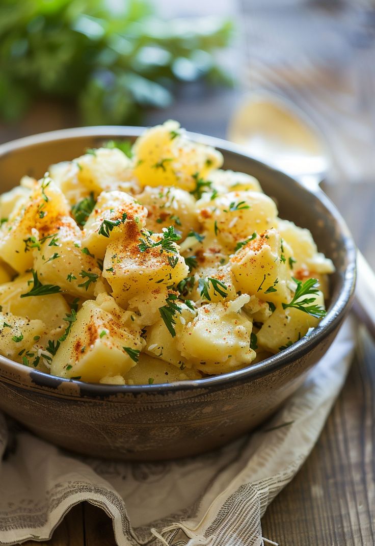 a bowl filled with potatoes and garnished with parsley in it on top of a wooden table