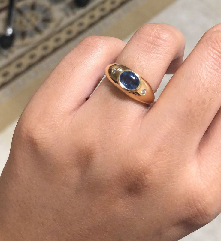 Oval Blue Signet Ring In 14k Gold, Blue 14k Gold Oval Cabochon Rings, 14k Gold Blue Oval Cabochon Rings, Oval Sapphire Signet Ring In 14k Gold, Oval Cabochon Sapphire Promise Ring, Blue Oval Signet Ring Stamped 14k, Blue 14k Stamped Oval Signet Ring, Classic Blue Domed Ring, Blue Signet Ring With Birthstone For Anniversary