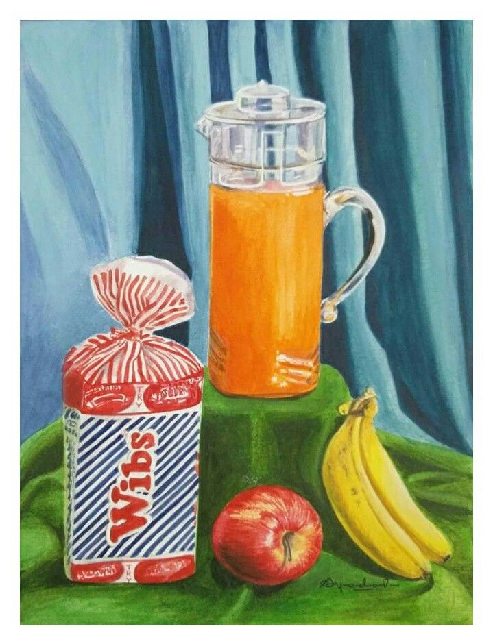 an oil painting of apples, bananas and juice