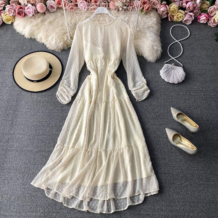 Materials: other Materials: other Color: purple, khaki, white, apricot, yellow, pink Narrow Waist, Dress With Long Sleeves, Chiffon Dress, Color Purple, Apricot, Violet, Chiffon, Long Sleeve Dress, Long Sleeves