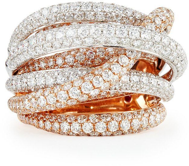 Roberto #Coin #18k #White #& #Rose #Gold #Fantasia #Pave #Diamonds #Crossover #Ring Rose Gold Band Ring, Crossover Diamond Ring, Criss Cross Ring, Crossover Ring, Rings Accessories, Roberto Coin, Pave Diamond Ring, Dome Ring, Domed Ring