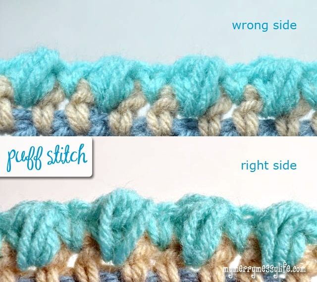 two crochet stitches showing the right side and wrong side, with text describing how to use them