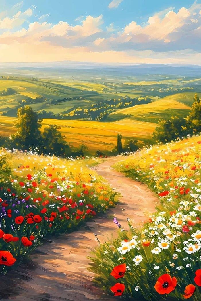 an oil painting of a country road surrounded by wildflowers