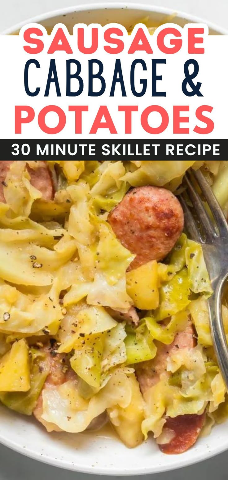 sausage, cabbage and potatoes in a white bowl with a fork