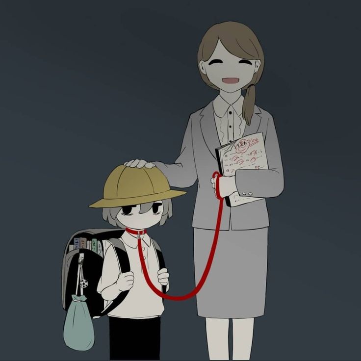 a woman in a suit and hat standing next to a little boy with a backpack