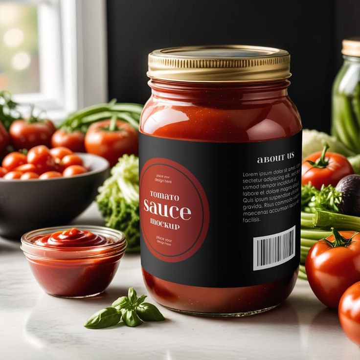 a jar of tomato sauce sitting on top of a counter next to vegetables and other foods