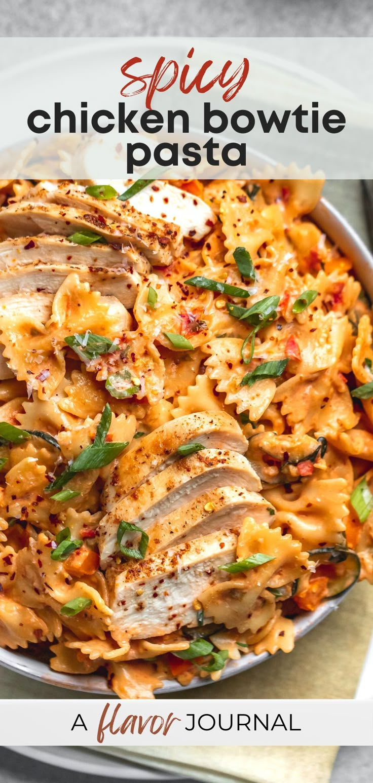 chicken bowtie pasta in a skillet with text overlay