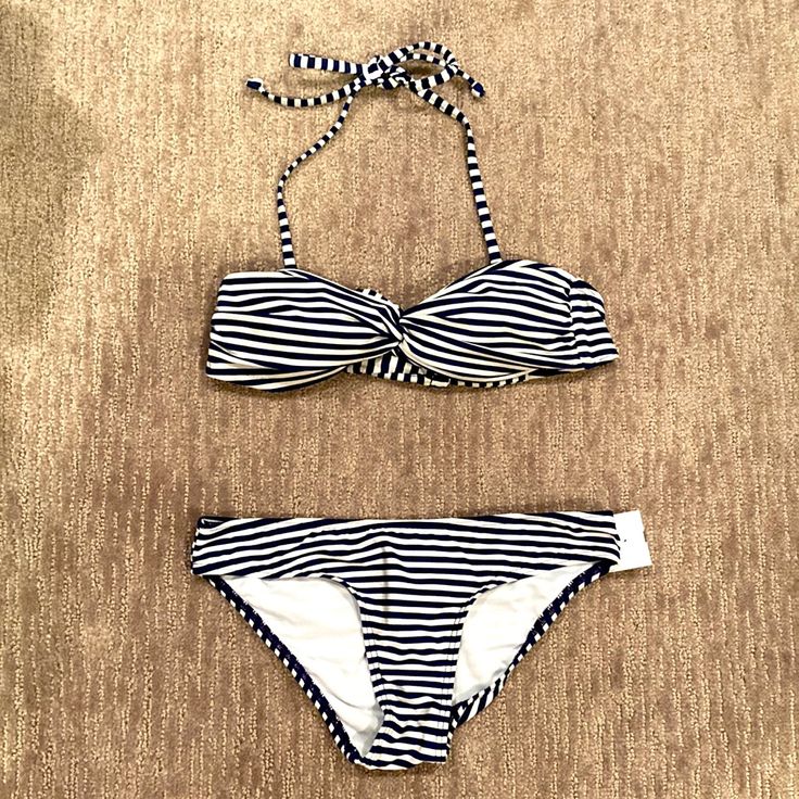 Padded Cups, Bandeau Style, Removable Halter Strap, Tie Back Top Bikini Bottoms Uk/Irl 6, Eur 34, Us 2 Fits Like Size Xs Us Outlet Tag, Not Original Store Tag Brand New Navy Blue And White Striped White Nautical Swimwear For Beach, White Bandeau Top, White Bandeau, Blue Swimwear, Tie Back Top, Blue And White Style, Clothes Wishlist, Halter Strap, Swim Suit Bottoms