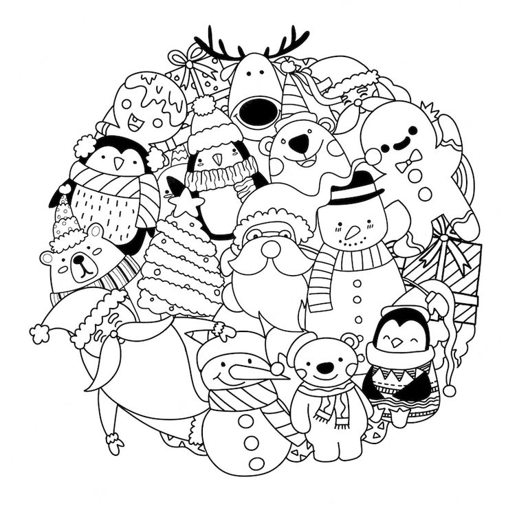 a black and white drawing of many different cartoon characters in the shape of a circle