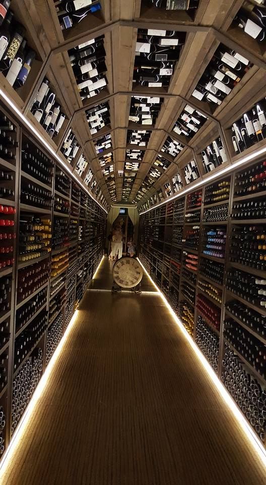 there is a very long wine cellar with many bottles on the walls and flooring