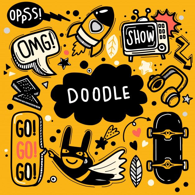 doodle on yellow background with black and white lettering in the center, surrounded by other doodles