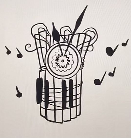 an artistic drawing of musical notes in a basket with scissors and music notes on it