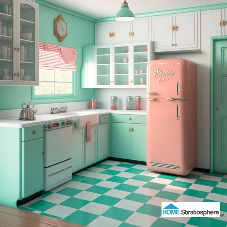 a kitchen with green and white checkered flooring, pink refrigerator freezer next to sink