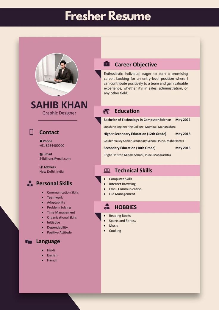 a pink and black resume is shown on a white background with the words fresher resume