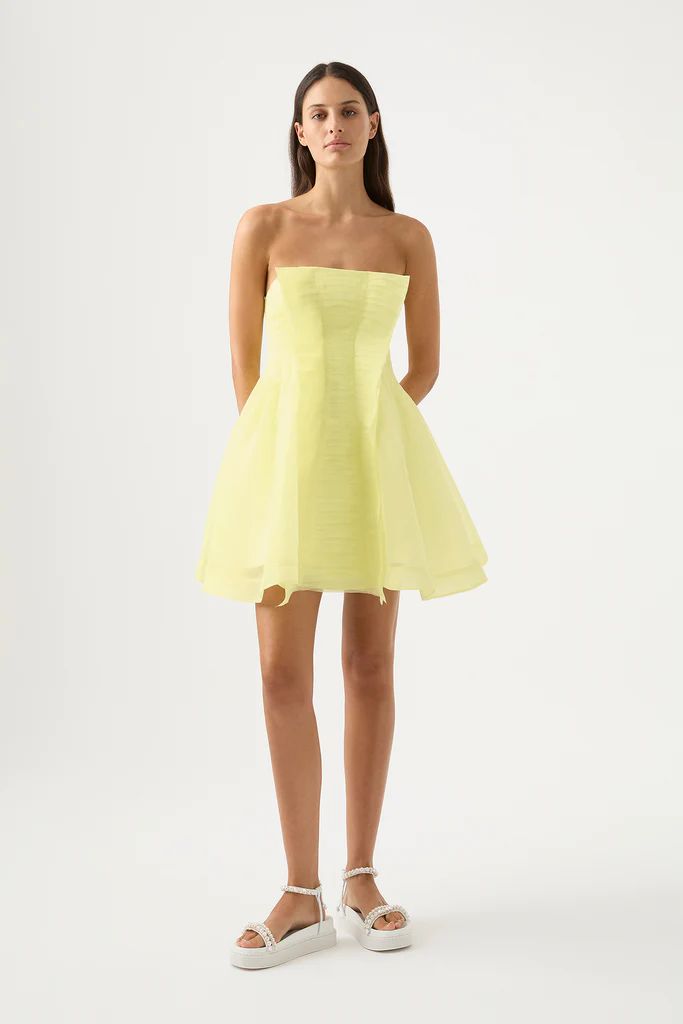 Astrid Strapless Mini Dress | Soft Lemon Yellow | Aje Green Yellow Dress, Dress Hire, Dress Pleated, Yes To The Dress, Denim Accessories, Line Shopping, Strapless Mini Dress, Lemon Yellow, White Maxi Dresses