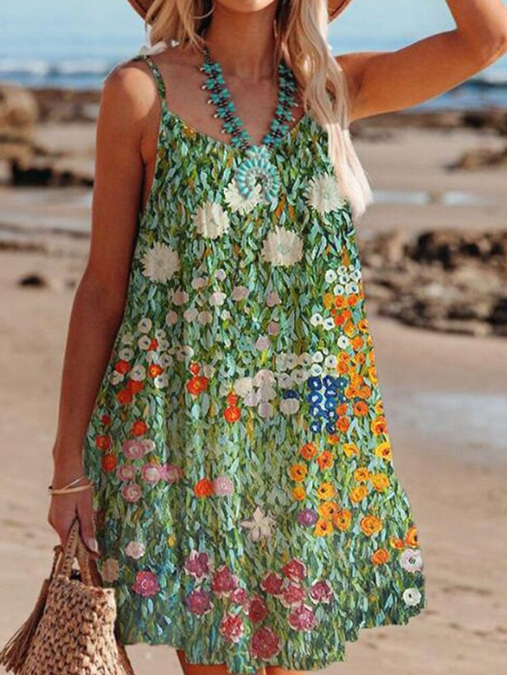 Summer Vintage Pattern Printed Beach Dress Women Casual Sling V-neck Lace-up Mini Dress Ladies Fashion Sleeveless Loose Dresses V-neck Sundress Suspender Dress For Beach, Summer V-neck Suspender Dress For Beach, Green Sleeveless Suspender Dress, Beach Sundress With V-neck Suspender, Sleeveless Mini Dress With Adjustable Straps For Vacation, Vacation Sundress With Halter Neck Suspender, Summer Beach Suspender Dress With Halter Neck, Vacation Halter Neck Sundress With Suspenders, Summer Beach Halter Neck Suspender Dress