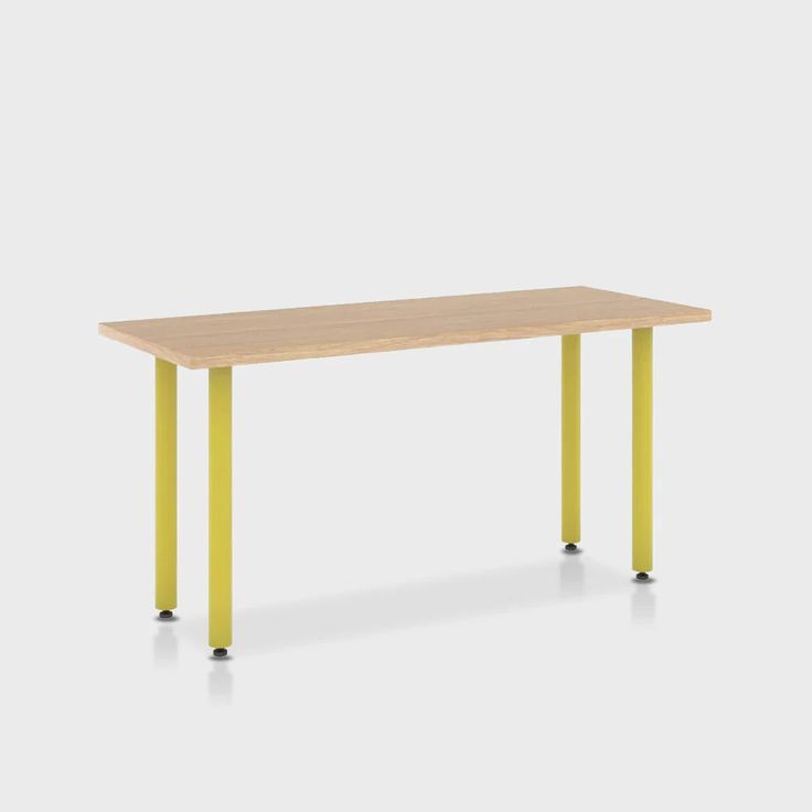 a rectangular table with yellow legs and a wooden top, against a white background or wall