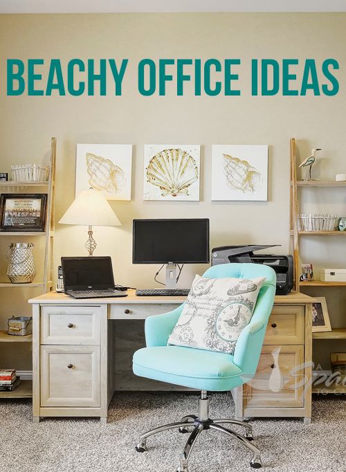 a desk with a chair and computer on it in front of a wall that says beachy office ideas