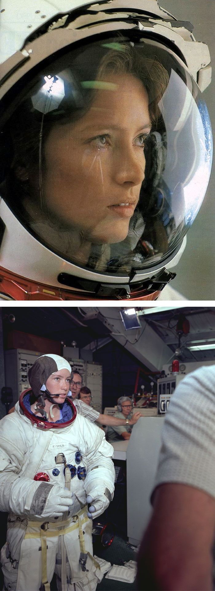 two pictures of astronauts in space suits one is looking at the camera and the other has an astronaut's helmet on