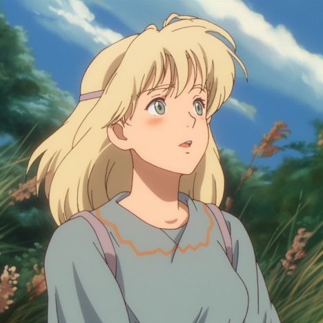 an anime character with blonde hair and blue eyes looking off into the distance while standing in front of tall grass