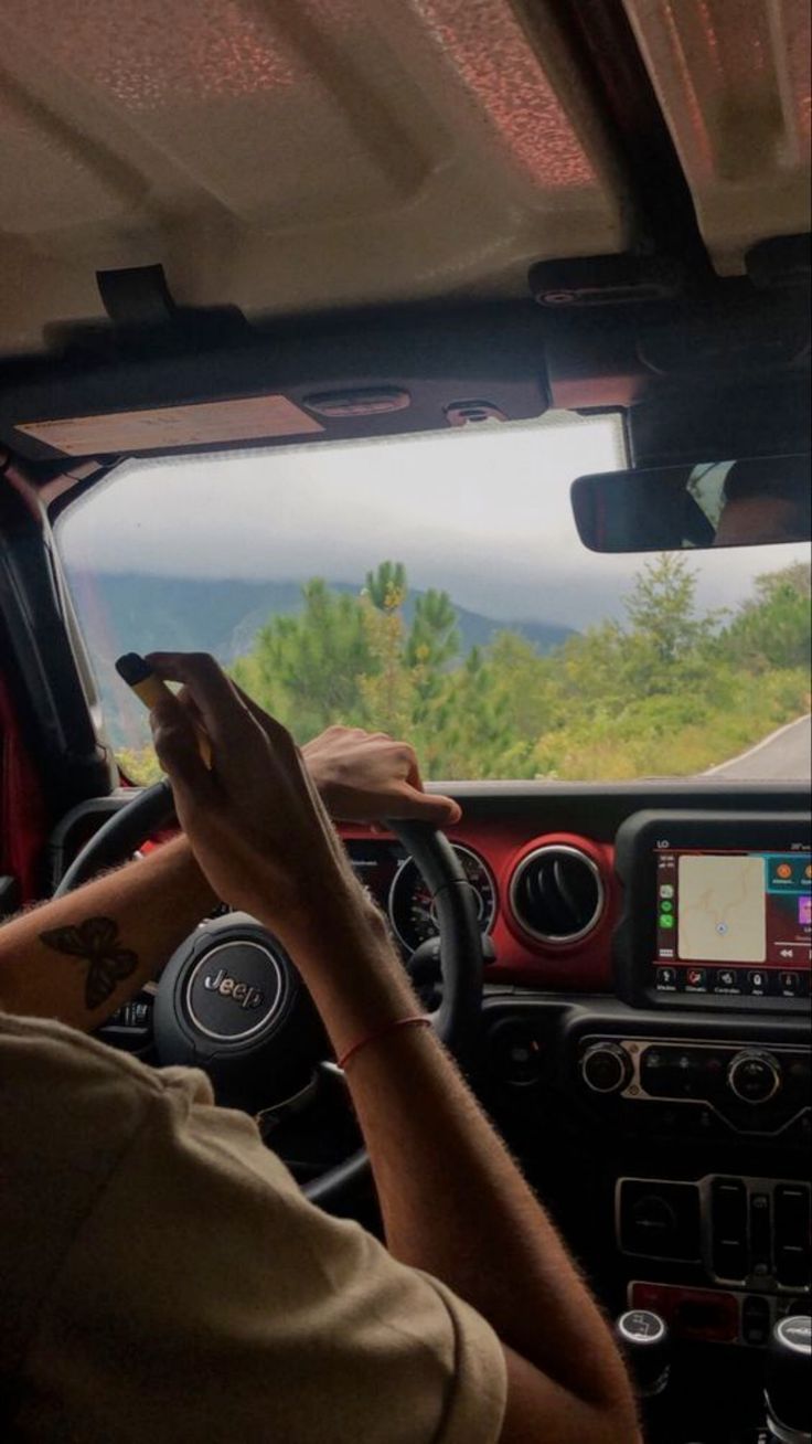 a man driving a car on a road with mountains in the distance and trees behind him