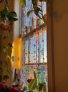 the window is decorated with colorful beads and plants