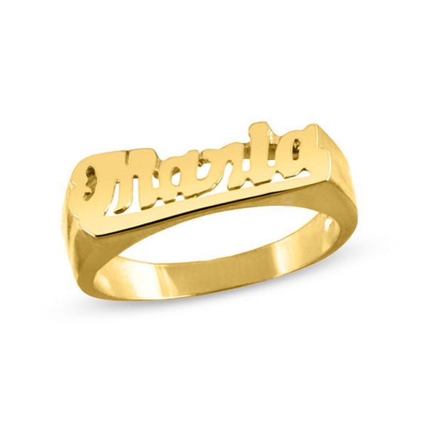 This customized name ring is a thoughtful gesture on any occasion. Crafted in sterling silver with 14K gold plate, this fun take on a fashion classic features the name or phrase you select - up to 10 characters in length - spelled out across the center in a bold script font. Expertly finished and ready for anytime wear, this Personalized style pairs well with any outfit. Custom-made to fit her ring size. Sterling silver rings cannot be resized after purchase. Gold Name Ring, Zales Zales, Bold Script Font, Her Ring, Name Ring, Sterling Silver Rings Set, Name Rings, Necklace For Girlfriend, Special Ring