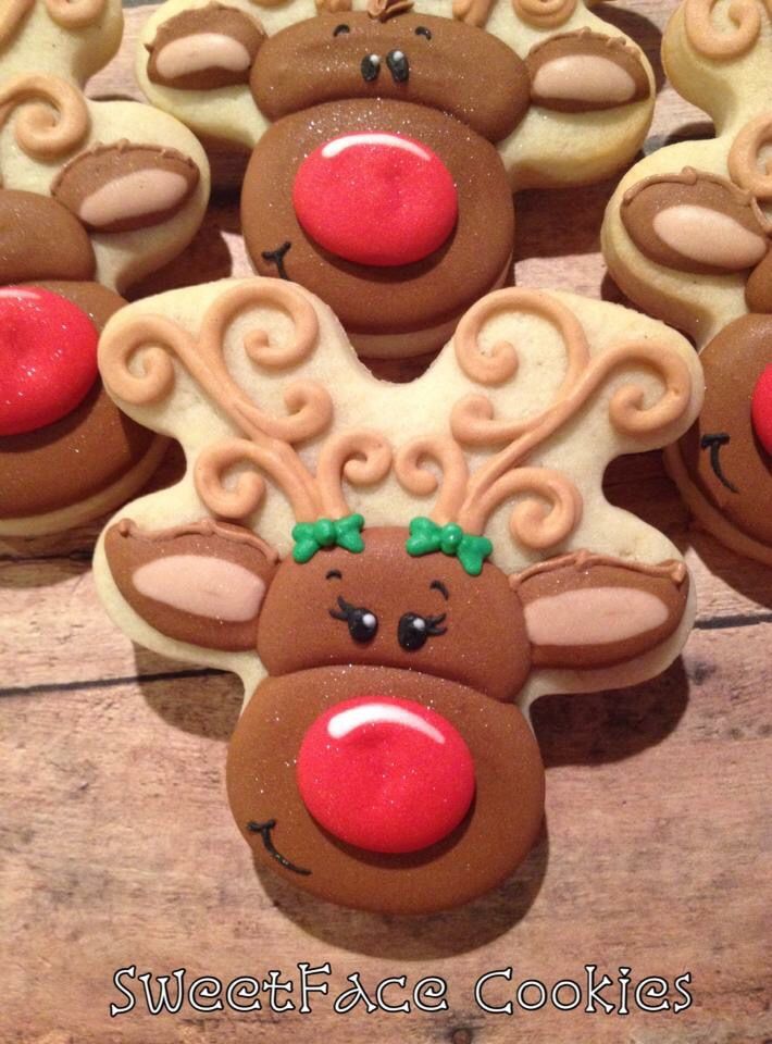 decorated cookies in the shape of reindeer heads