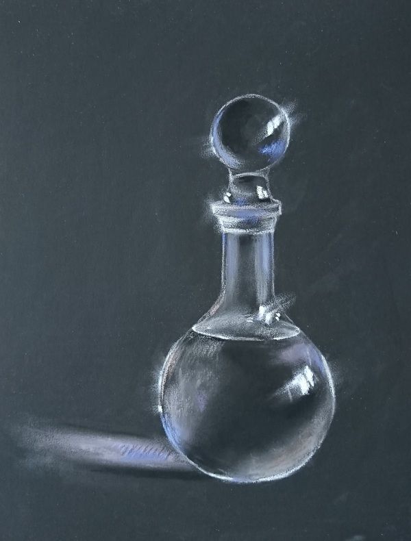 a drawing of a glass flask on a blackboard with a shadow coming from it