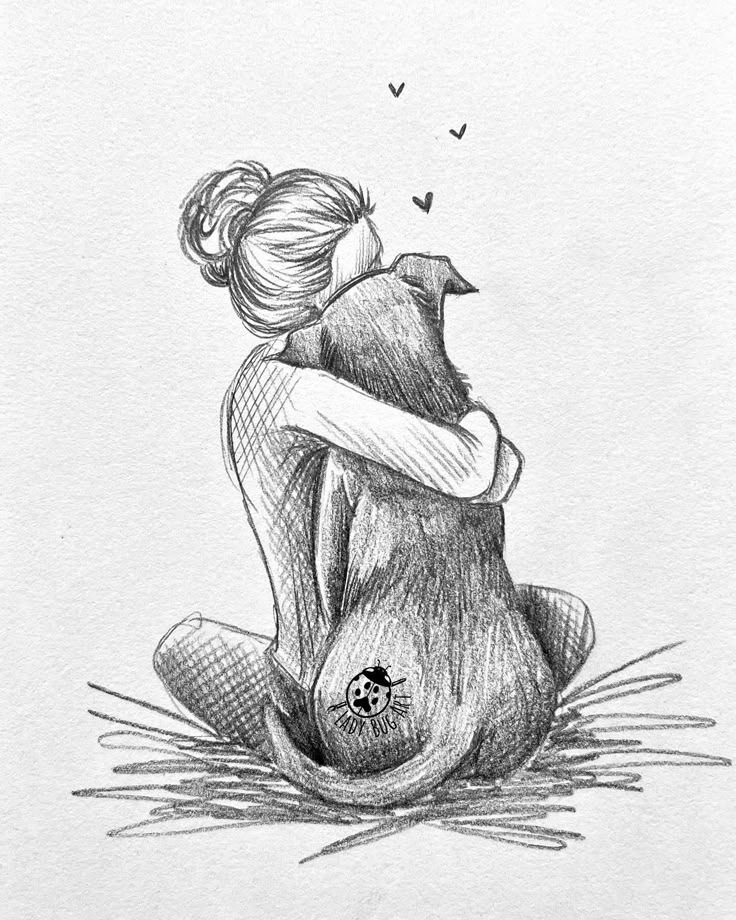 a drawing of a woman hugging a teddy bear with birds flying around her on the ground